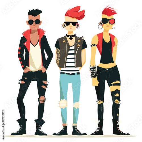 Obraz na płótnie Three young punk rock characters standing, punk features distinctive hairstyles, tattoos, accessories. Vibrant fashion, cool attitude, rebellious styles represented w salonie