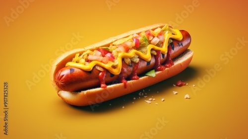 A hot dog in a photorealistic style, with intricate details and lifelike textures photo