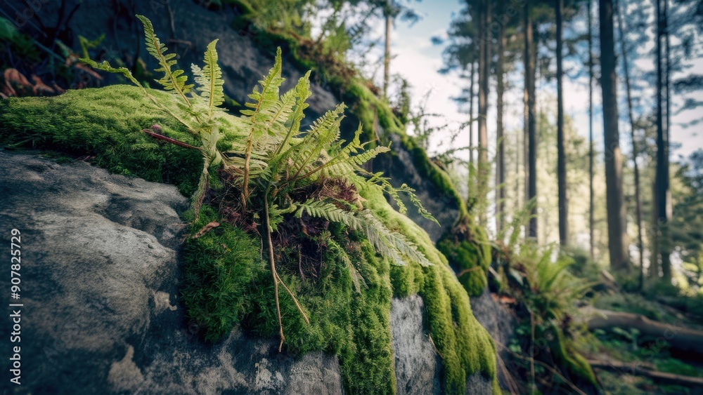 Fototapeta premium A moss covered rocks in a forest with trees and grass, AI