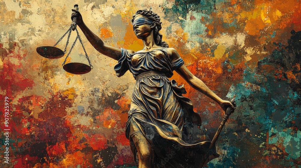 Surreal Justice Statue Collage: Blending Abstract Art and Vivid Textures Surreal Justice Statue Collage: Blending Abstract Art and Vivid Textures