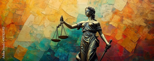 Justice Statue and Scales Collage with Surreal Abstract Art - Conceptual Creative Composition