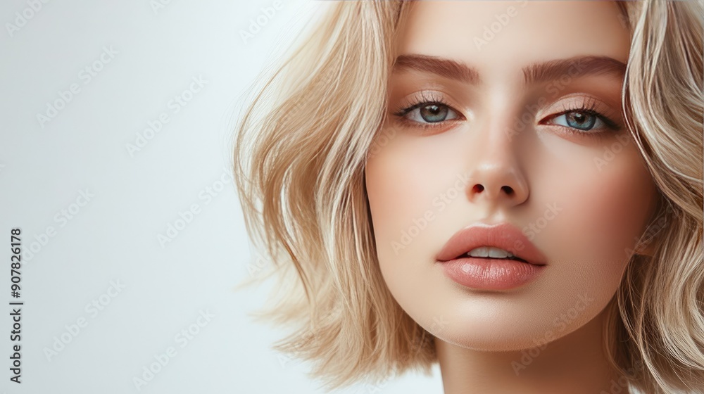 Naklejka premium Close-up portrait of a beautiful woman with a blonde bob hairstyle, showcasing fashion, cosmetics, and makeup trends