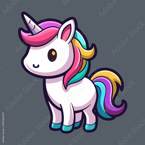 Cute Unicorn Vector Sticker Design with Flat Colors on Black Background 