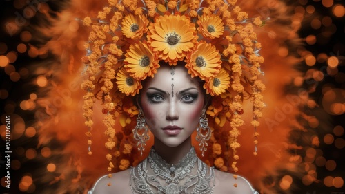 A woman with orange flowers in her hair and a crown, AI