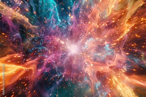 An engaging and tumultuous exhibition of particles interacting and radiating energy, akin to an intricate and vibrant kaleidoscope design photo