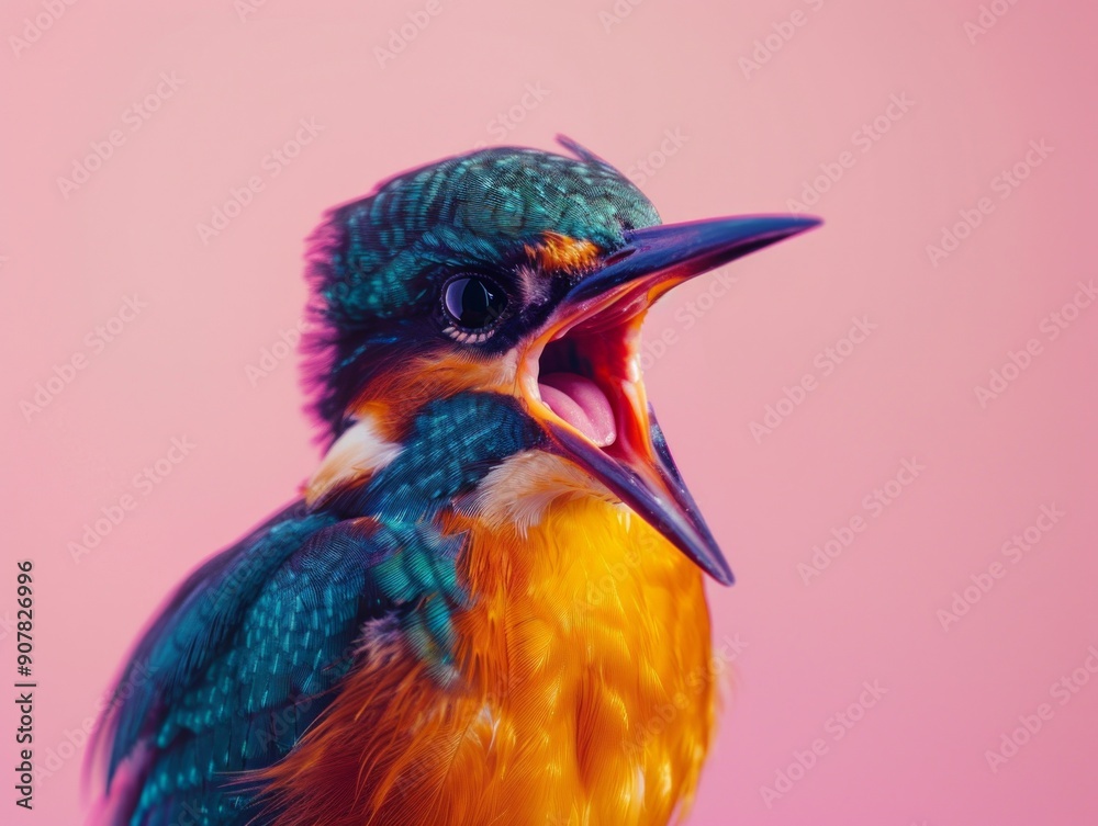 Fototapeta premium Medium shot of Colorful photo of bird with wide opened mouth, themed background,
