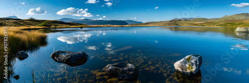 Mountain Lake with Rocks and Clouds Reflection - Photo photo