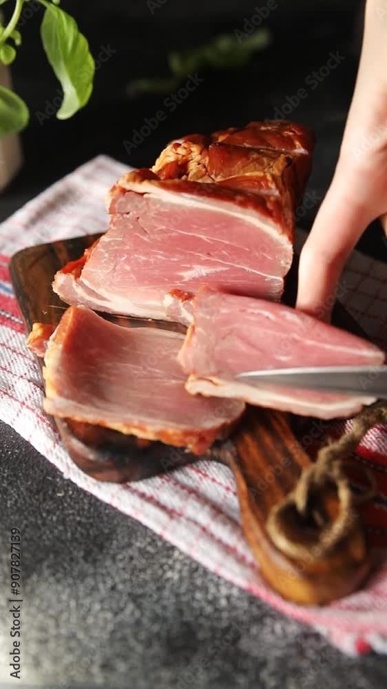 smoked pork meat bacon eating appetizer meal food snack on the table copy space food background rustic top view