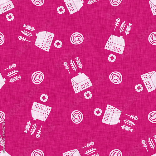 Modern town house summer abstract shape magenta pink color seamless pattern with cloth fabric linen effect. Vibrant fresh childish design for drawn city textile allover background.