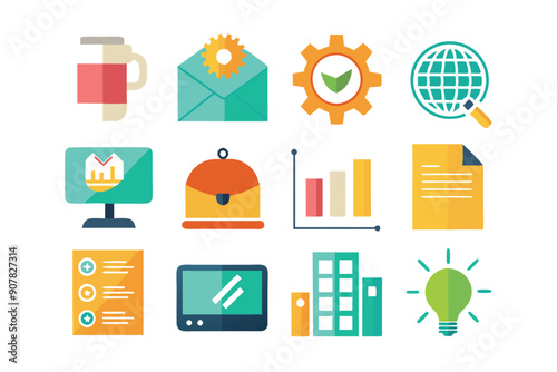 Set of 12 Flat Colorful Business Icons