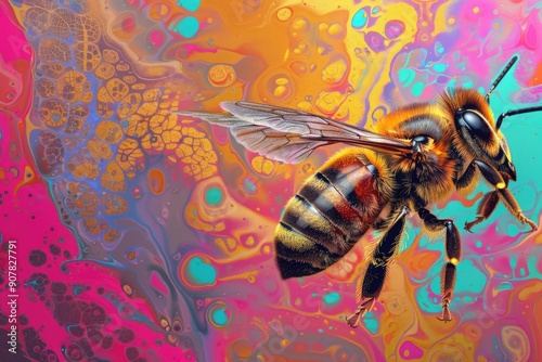 One honey bee on painted coloured background.