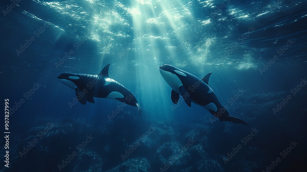 Obraz premium Orcas Swimming in Sunlit Ocean Depths