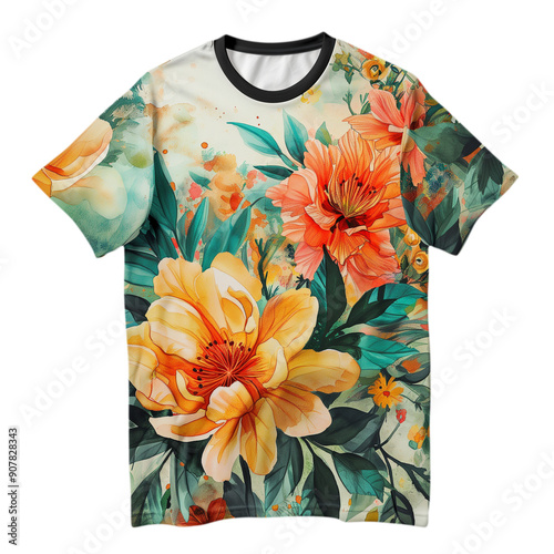 Colorful T-shirt with Floral Watercolor Design Illustration - Isolated Transparent PNG