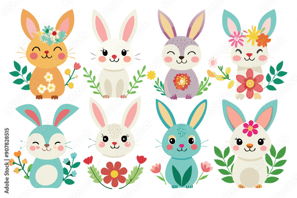 Eight Adorable Bunnies with Flowers and Leaves Eight Adorable Bunnies with Flowers and Leaves