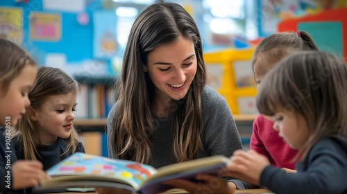 Educational Engagement. Teacher assisting young students in a kindergarten class concept