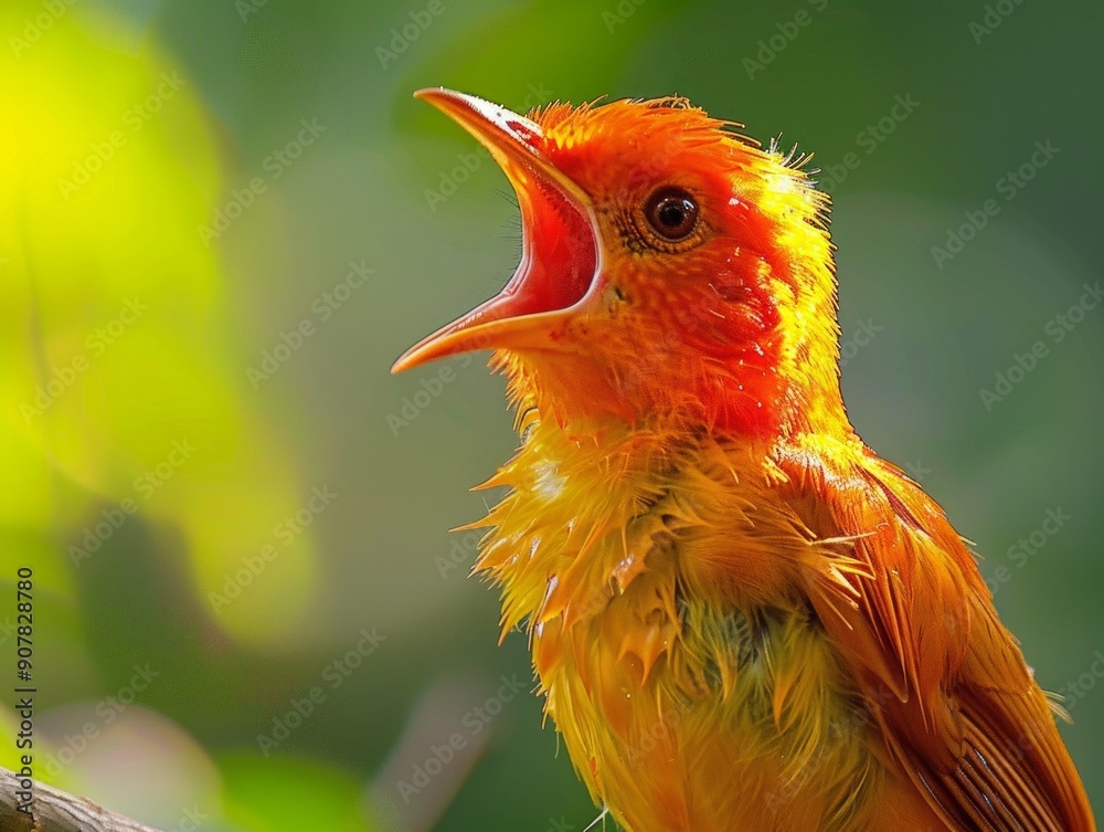 Fototapeta premium Medium shot of Colorful photo of bird with wide opened mouth, themed background, 