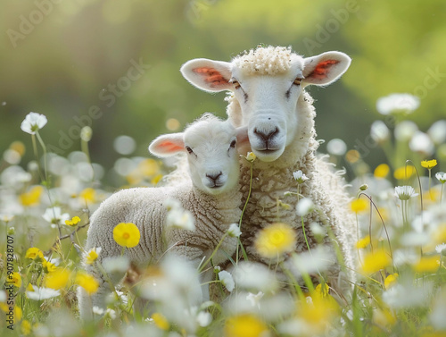 Sheep and Lamb Together in a Flower-Packed Meadow During Springtime Sunshine