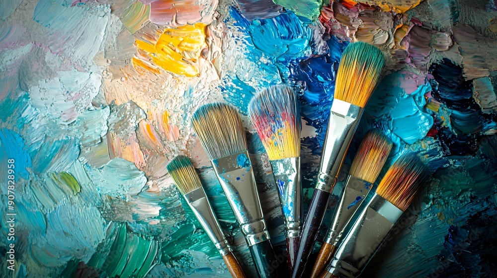 Fototapeta premium Selective focus and shallow depth of field of paintbrushes on a table 