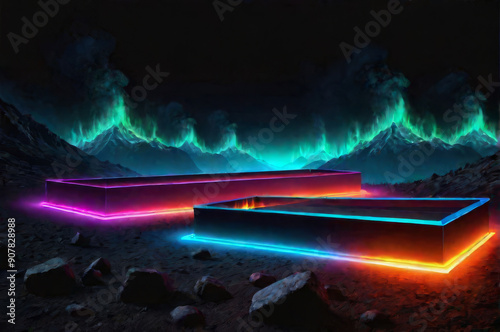 A fantastic landscape with a burning neon figure.