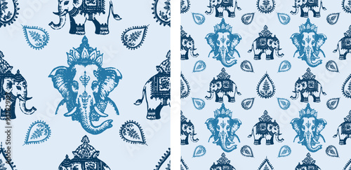 Boho Indian elephant vintage animal cute Blue seamless pattern vector illustration