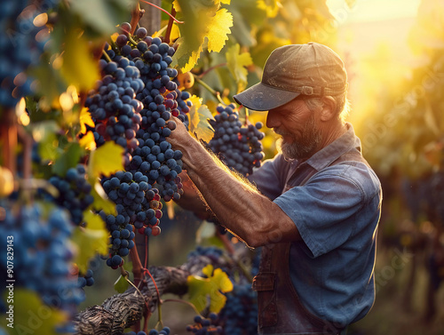 Harvesting Grapes in a Vineyard at Sunset With a Senior Farmer Working photo