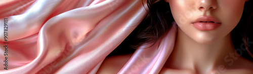 Light pink silk sheen and texture, beauty makeup and skincare model close-up, fashion skincare banner