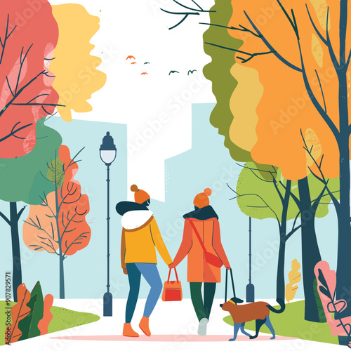 Two women walking dog autumn park, vibrant foliage, cityscape background. Friends enjoy fall season together, casual outerwear, warm hats, stroll pet, relaxed outdoor activity