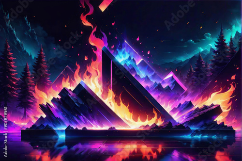 A fantastic landscape with a burning neon figure.