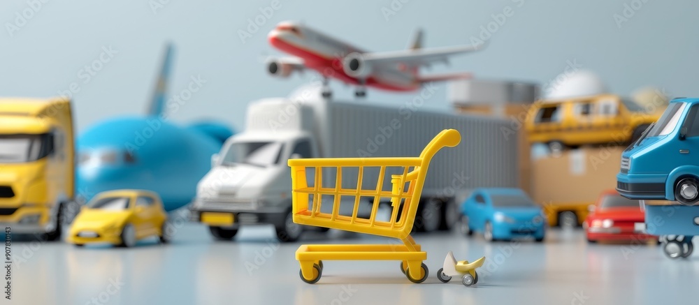A yellow shopping cart is placed on top of a truck, surrounded by various vehicles such as cars and planes. A yellow shopping cart is placed on top of a truck, surrounded by various vehicles such as cars and planes.