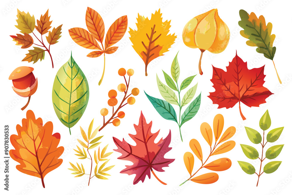 Collection of Watercolor Autumn Leaves, Branches, and Berries Collection of Watercolor Autumn Leaves, Branches, and Berries