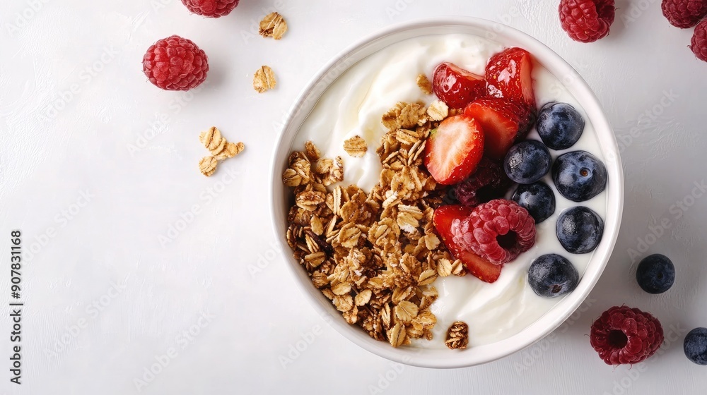 Flat lay of a healthy breakfast bowl with Greek yogurt, granola, and mixed fruits on a white table, creating a fresh and nutritious meal scene Flat lay of a healthy breakfast bowl with Greek yogurt, granola, and mixed fruits on a white table, creating a fresh and nutritious meal scene