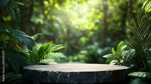 Serenity in Nature. Tranquil podium set in a tropical garden forest