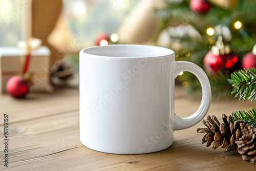 A mockup of an all white blank mug with Christmas decorations in the background. The coffee cup is sitting on top of wood table 