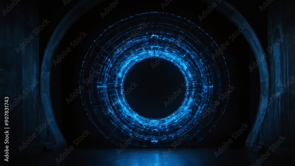 Naklejka premium blue glowing circle abstract in black background copy space design