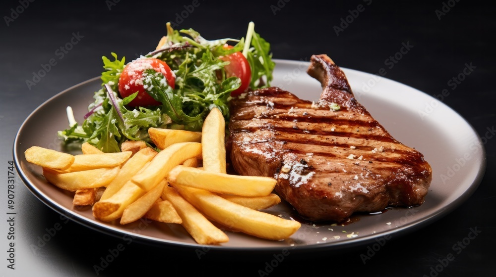 A rustic French-style pork steak dish, featuring a pan-seared steak with a rich raspberry A rustic French-style pork steak dish, featuring a pan-seared steak with a rich raspberry