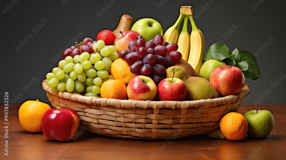 A rustic woven basket overflowing with a variety of fresh fruits, including apples, oranges, bananas, grapes, and berries. A rustic woven basket overflowing with a variety of fresh fruits, including apples, oranges, bananas, grapes, and berries.