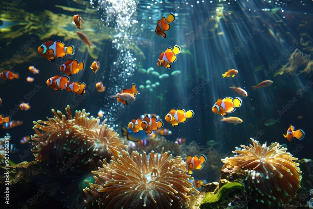Fototapeta premium Clownfish swim near coral in blue water. This image is perfect for use in marketing materials for aquariums, marine biology, and ocean conservation.