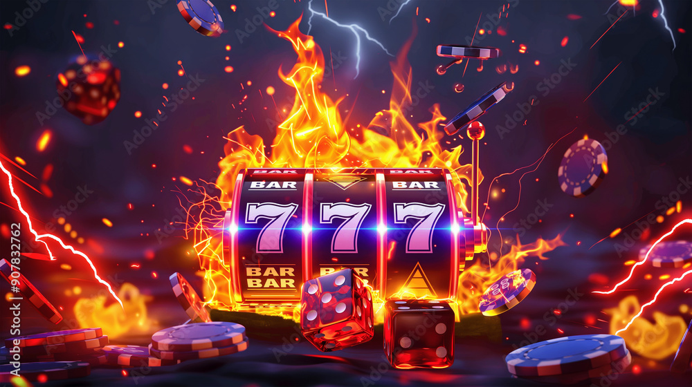 The Big win slots machine 777 casino with lightning isolation banner, Illustration The Big win slots machine 777 casino with lightning isolation banner, Illustration