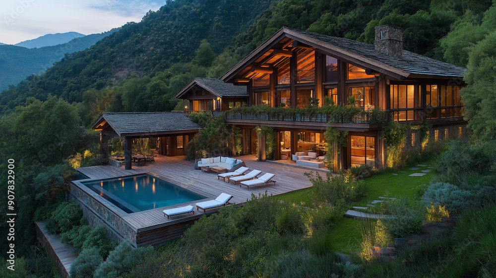 Naklejka premium A rustic wooden house with large windows, surrounded by lush greenery and overlooking the valley below. The front of it has an elegant swimming pool in its backyard. 
