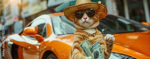 Cool rich gangster boss cat hipster with sunglasses, hat, headphones, gold chain and money dollars. Business, finance, creative idea. Crypto investor cat is holding a lot of money. Winning, concept