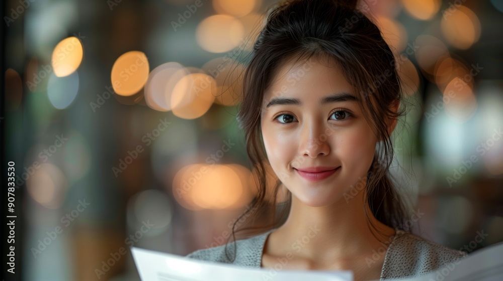 Obraz premium Reviewing documents with a bright smile - Photos of a happy successful successful business Asian woman in the office
