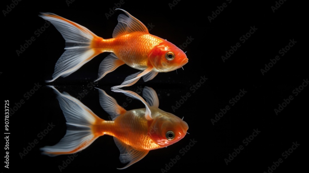 A single goldfish reflected in a still pond, its image mirrored perfectly in the tranquil water surface A single goldfish reflected in a still pond, its image mirrored perfectly in the tranquil water surface