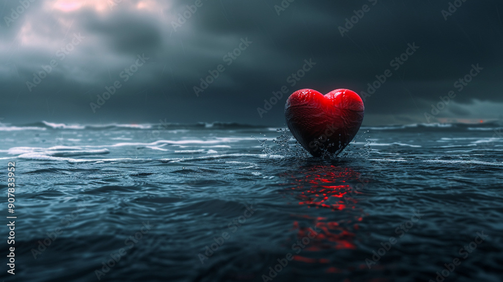 Fototapeta premium 3D red heart shape floating on water, romantic symbol for Valentine's Day celebration