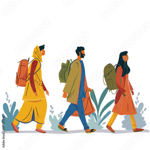 Three people walking backpacks trekking isolated white background. Ethnically diverse group journeying dressed traditional clothing hiking primary colors yellow, green, orange, blue. Individuals