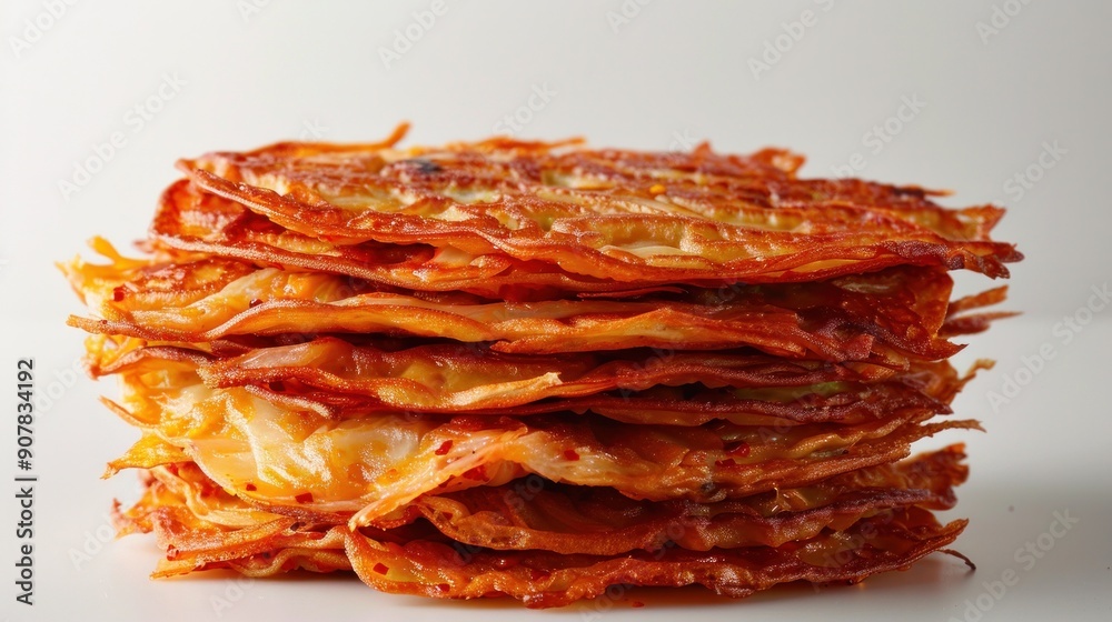 A stack of kimchi pancakes, their crispy edges and golden-brown hues contrasting A stack of kimchi pancakes, their crispy edges and golden-brown hues contrasting