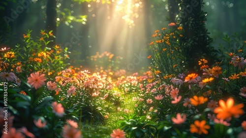 Sunlight filters through a lush forest, illuminating a vibrant meadow covered with colorful wildflowers in full bloom, creating a serene, magical atmosphere.