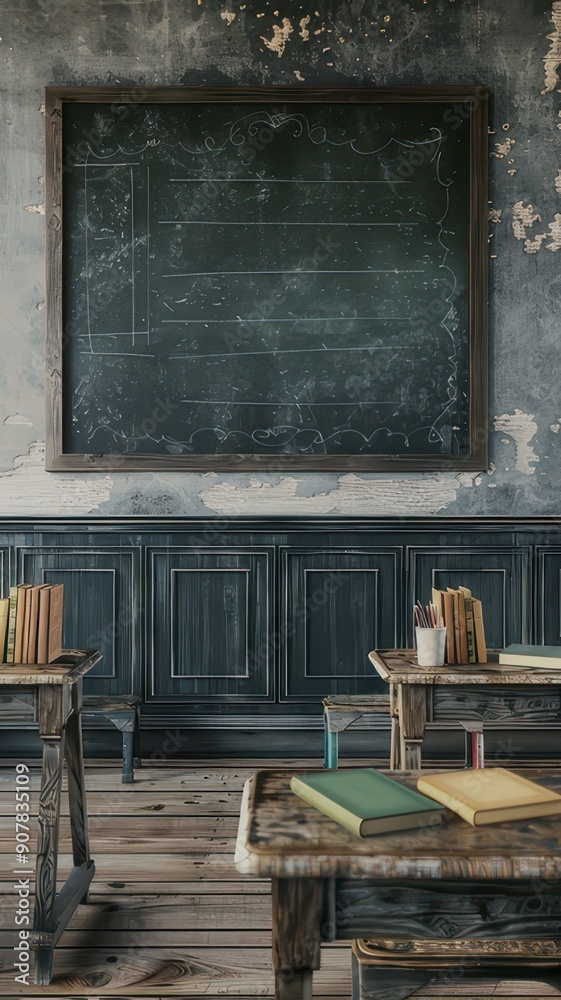 Interior of an empty classroom with desks, chairs and a blackboard. back to school concept

