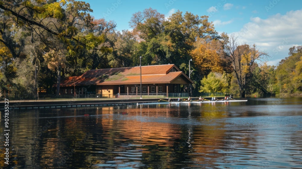 Rowing Team on a Calm River with Autumn Trees. Rowing Team on a Calm River with Autumn Trees.