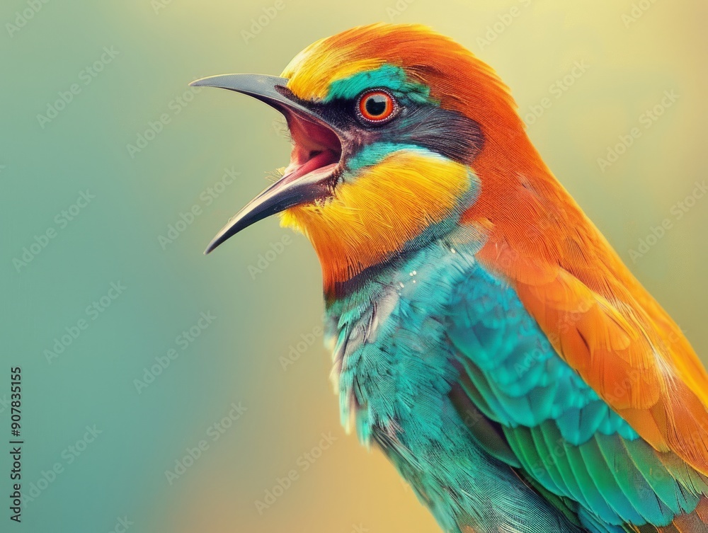 Obraz premium Medium shot of Colorful photo of bird with wide opened mouth, themed background, 