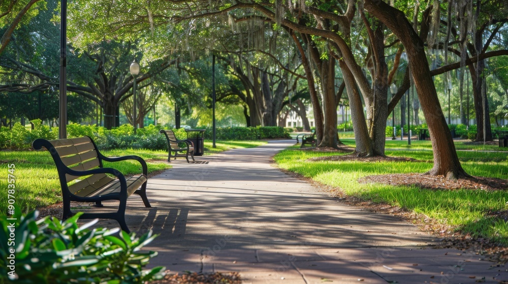 Peaceful Park Bench Under Shady Trees. Peaceful Park Bench Under Shady Trees.